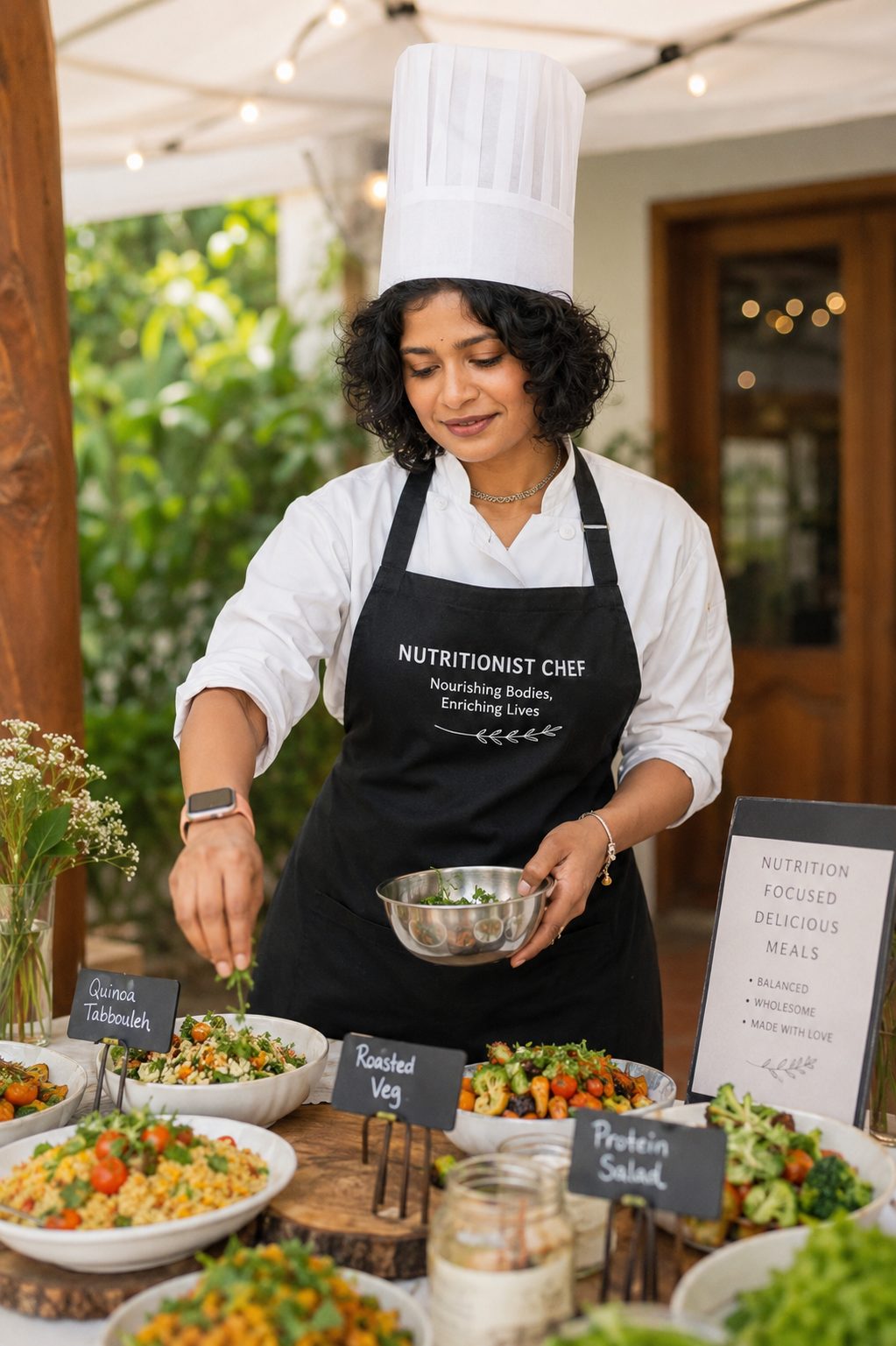 Alekhya plating fresh, nutrition-focused dishes at a private catering table